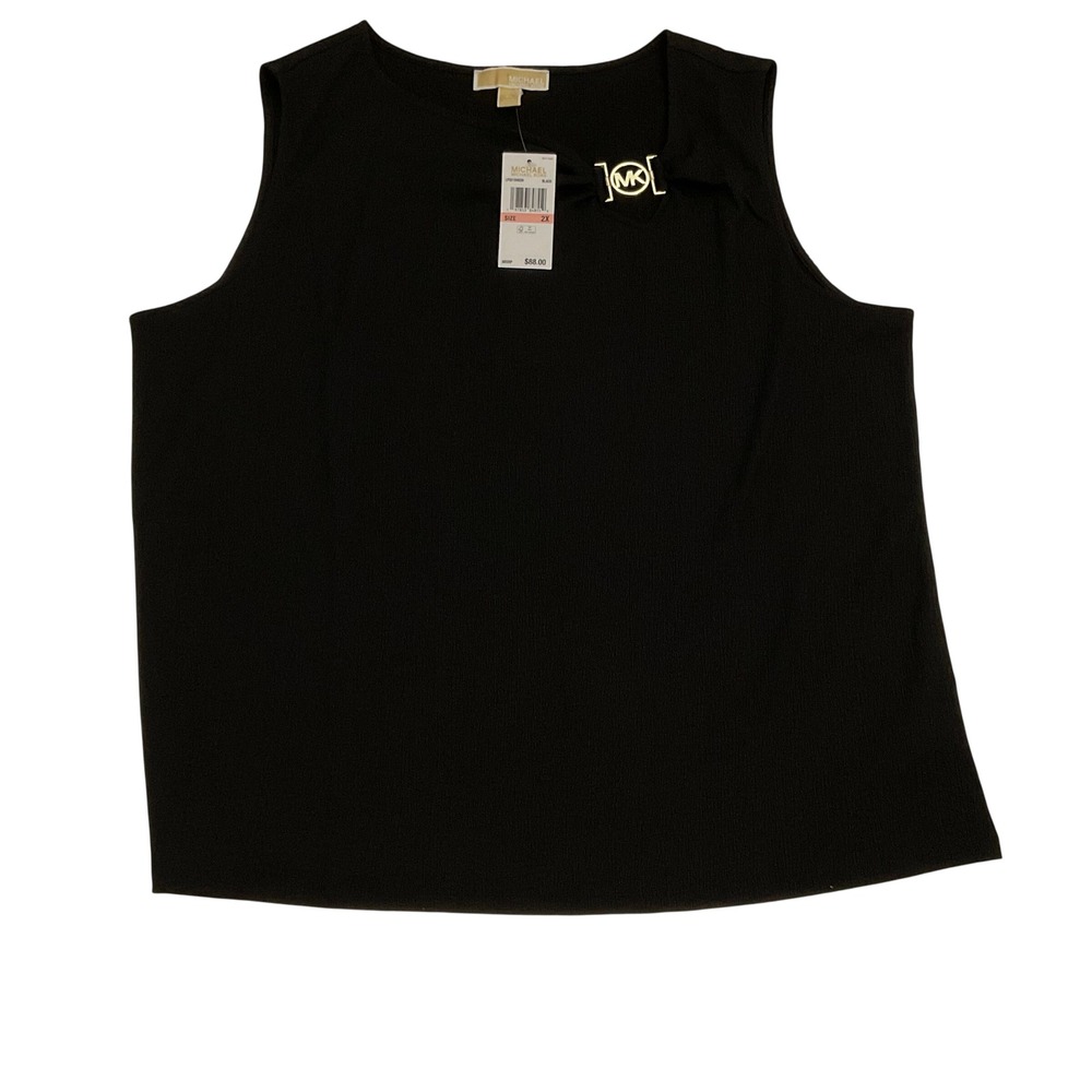 Michael Kors Womens Black Crinkle Textured Sleeveless Top MK Gold logo PLUS 1X